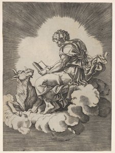 St. Lukas, sitzend auf einer Wolke mit einem offenen Buch in beiden Händen, ein Stier liegt zu seinen Füßen, nach 1518 von Unbekannt