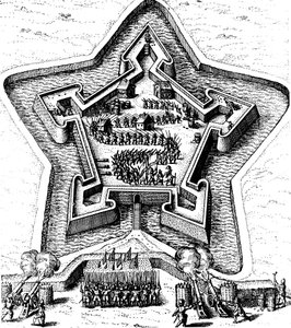 Sternfestung, die von einem Graben verteidigt wird und belagert wird