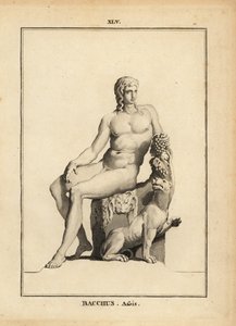 Statue des Bacchus, des römischen Weingottes, nackt sitzend mit einer Traube und einem Hund