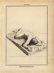 Statue des Hermaphroditus, griechischer Gott der Vereinigung, Androgynie, Ehe, Sexualität, liegend auf einem Bett von Unbekannt