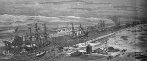 Dampfschiffe passieren den Suezkanal, um 1882