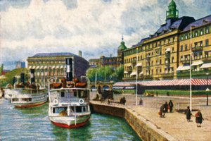 Dampfschiff am Kai beim Grand Hotel, Stockholm, um 1928 von Unbekannt