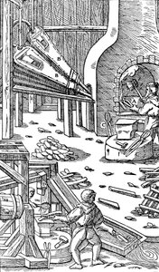Stahlproduktion: eine Schmiede mit Blasebalg zur Erzeugung von Zugluft, 1556