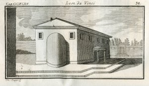 Studien zur Überlagerung von Gebäuden. „Wenn die Körper mit konvexer Oberfläche über anderen Körpern gleicher Farbe enden, erscheint das Ende des Konvexen dunkler.“ Stich aus „Traktat der Malerei“ von Leonardo da Vinci (Leonard de Vinci)