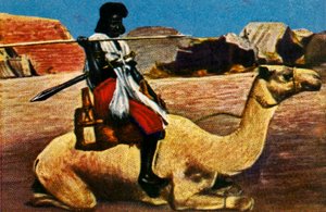 Sudanesischer Krieger auf einem Kamel reitend, um 1928