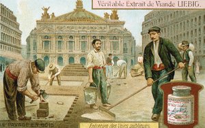 Eine Straße in Paris mit Holzblöcken pflastern, um 1900