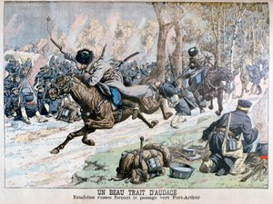 Überraschungsangriff der russischen Kavallerie auf der Straße nach Port Arthur, Russisch-Japanischer Krieg, 1904 von Unbekannt