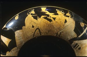 Symposionsszene auf einer rotfigurigen attischen Kylix, Weinkelch, 5. Jahrhundert v. Chr.