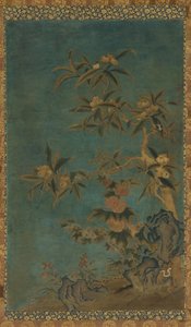 Wandteppich: Obstbäume und Stockrosen, Ming-Dynastie, 1368-1644