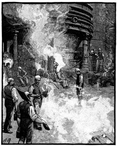 Abzapfen des Hochofens und Gusseisen in Schweine gießen, Siemens Eisen- und Stahlwerke, Wales, 1885