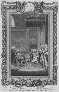 Die Union wird Königin Anne vom Herzog von Queensberry und Dover präsentiert, um 1787