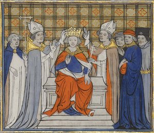 Die Salbung und Krönung von Ludwig IV. in Laon, 19. Juni 936. Aus Grandes Chroniques de France