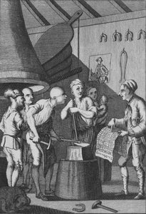 Der Schmied lässt sein Eisen kalt werden, während er sich um die Nachrichten des Schneiders kümmert, 1772 von Unbekannt