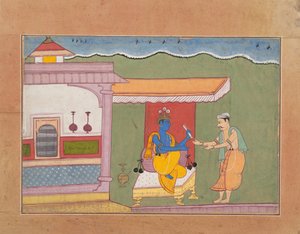 Der Brahmane überbringt Rukminis Brief an Krishna...aus einem verstreuten Bhagavata Purana..., ca. 1610