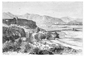 Die Zitadelle von Attock und eine Bootsbrücke über den Indus, Pakistan