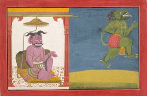 Der Dämon Hiranyaksha verlässt den Dämonenpalast, aus einer Bhagavata Purana Serie, ca. 1740 von Unbekannt