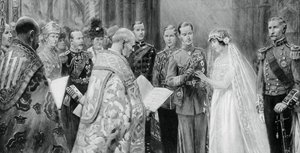 Der Herzog von York steckt Lady Elizabeth Bowes-Lyon den Ring an den Finger, 26. April 1923, 1937