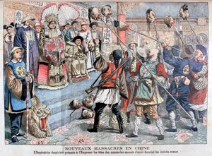 Der Kaiser wird die Köpfe der Mandarine gezeigt, die verdächtigt werden, die Russen zu unterstützen, China, 1904 von Unbekannt