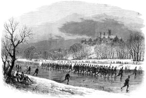 Die ersten Lincolnshire Rifle Volunteers machen einen Marsch auf Schlittschuhen den Fluss Witham hinunter, 1861