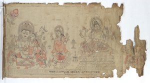Die Göttin Vasudhara flankiert von Kubera und einer fragmentarischen Durga