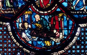 Der barmherzige Samariter kümmert sich um den Pilger, Buntglasfenster, Kathedrale von Chartres, Frankreich, 1205-1215
