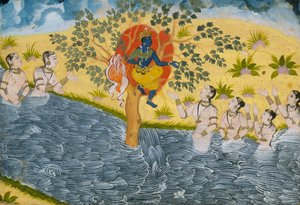 Die Gopis bitten Krishna, ihre Kleidung zurückzugeben, Seite aus einem Bhagavata Purana..., ca. 1610