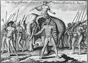 Der König von Cochin reitet auf einem Elefanten, begleitet von seinen Nayros, um 1745