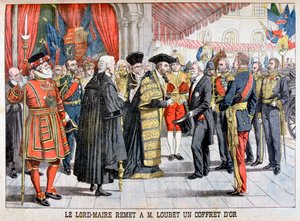 Der Bürgermeister von London überreicht Herrn Loubet eine goldene Schachtel, 1903