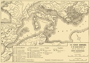 Die römischen Herrschaftsgebiete im zweiten Jahrhundert v. Chr. mit den Daten der wichtigsten Erwerbungen, 1890 von Unbekannt