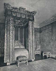 Die venezianischen Botschafterzimmer in Knole. Das Bettgestell für James I, der Stuhl und die Hocker