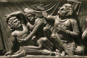 Das Victoria and Albert Museum. Teil eines Reliefs vom Tod Buddhas (Parinirvana). 200-400. Kushan-Periode. Schiefer. Gandhara/Nordwestpakistan. Vereinigtes Königreich