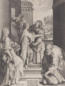Die Heimsuchung, die Jungfrau und die heilige Elisabeth umarmen sich in der Mitte, flankiert von anderen Figuren, 1589
