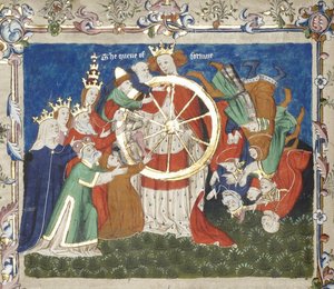Das Rad des Schicksals aus einem Manuskript des Troy Book von John Lydgate, Mitte des 15. Jahrhunderts