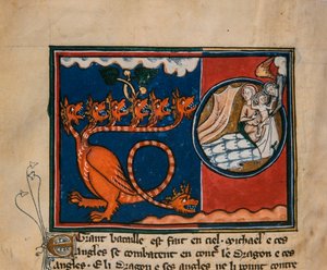 Die Frau und der Drache. Miniatur aus: Apokalypse des heiligen Johannes, ca. 1320