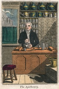 Der Apotheker, der mit Mörser und Stößel Drogen zubereitet, 1823 von Unbekannt