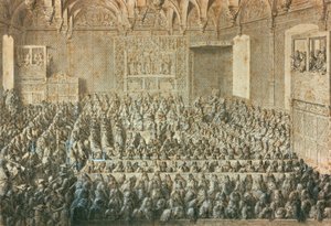 Die Versammlung der Sorbonne erklärt Heinrich III. für abgesetzt, Januar 1589. Museum von Carnavalet, Paris von Unbekannt