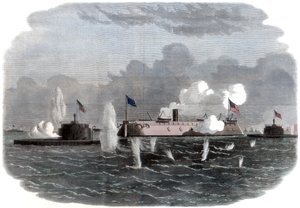 Das gepanzerte Kriegsschiff, New Ironsides, und zwei Ericsson-Batterien im Einsatz bei Charleston von Unbekannt