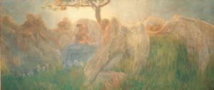 Die Mutter mit einem Schleier auf grünem Gras mit Blumen und Bäumen umarmt den Sohn während des Stillens von Unbekannt