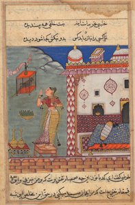 Der Papagei spricht Khujasta zu Beginn der siebenundzwanzigsten Nacht an, recto von folio 185, um 15. Jahrhundert