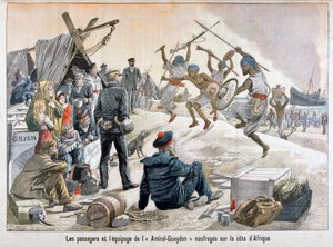 Die Passagiere und Ausrüstung des auf der afrikanischen Küste gestrandeten Schiffes von Admiral Gueydon, 1903 von Unbekannt