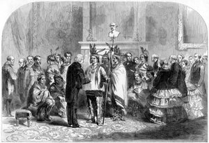 Der Präsident der Vereinigten Staaten bringt die feindlichen Stämme dazu, sich die Hände zu schütteln, 1858