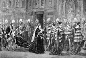 Die königliche Prozession im Westminster Palace auf dem Weg zum House of Lords, 1886 von Unbekannt
