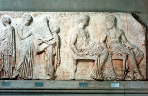Das heilige Gewand der Athena, gehalten von Kultbeamten, und Athena und Hephaistos, 438 v. Chr.