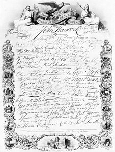 Die Unterschriften zur amerikanischen Unabhängigkeitserklärung, ca. 1776, ca. 1920