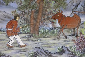 Die zehn Ochsenhüter-Bilder des Zen-Buddhismus repräsentieren die Stufen der Erleuchtung. Das Fangen des Ochsen von Unbekannt