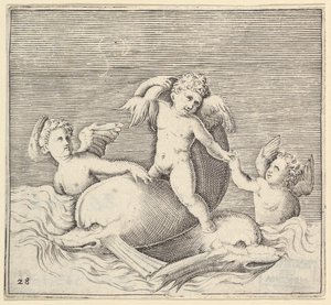 Drei Cupidos und zwei Delfine, veröffentlicht um 1599-1622 von Unbekannt