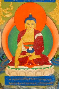 Tibetischer Buddhismus; farbenfrohes Wandgemälde, das den Buddha in Meditation zeigt; Bhumisparsha Mudra; Bhumisparshamudra, die Mutter Erde herbeiruft; Palast des Panchen Lama; Tashilhunpo-Kloster; Shigatse; Himalaya; Tibet Autonome Region; Volksrepublik 