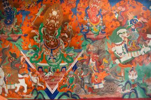 Tibetischer Buddhismus; alte Wandmalerei in der Versammlungshalle; Dämon kämpft mit Pfeil und Bogen; Trakthok Gompa Kloster; Sakti bei Leh; Ladakh Bezirk; Jammu und Kaschmir; Indien; Südasien; Asien von Unbekannt