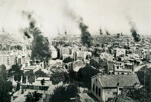 Tragische Woche 1909, Brand der Klöster. Bild veröffentlicht in der Zeitschrift "La Actualidad". Barcelona, Spanien