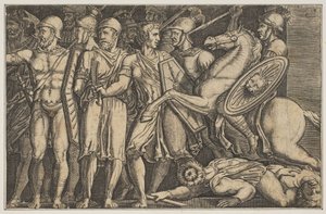 Trajan kämpft gegen die Daker, Trajan zu Pferd rechts reitend auf eine Gruppe zu, ca. 1515-1600